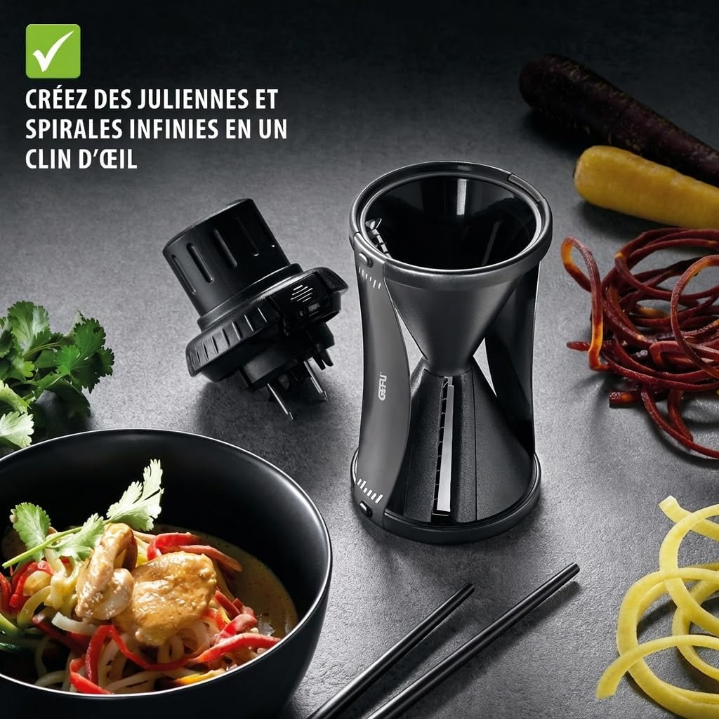 GEFU Spiralschneider SPIRELLI 2.0 Black Edition mit Gemüsehalter & Bürste, Julienne-Schneider für Ge