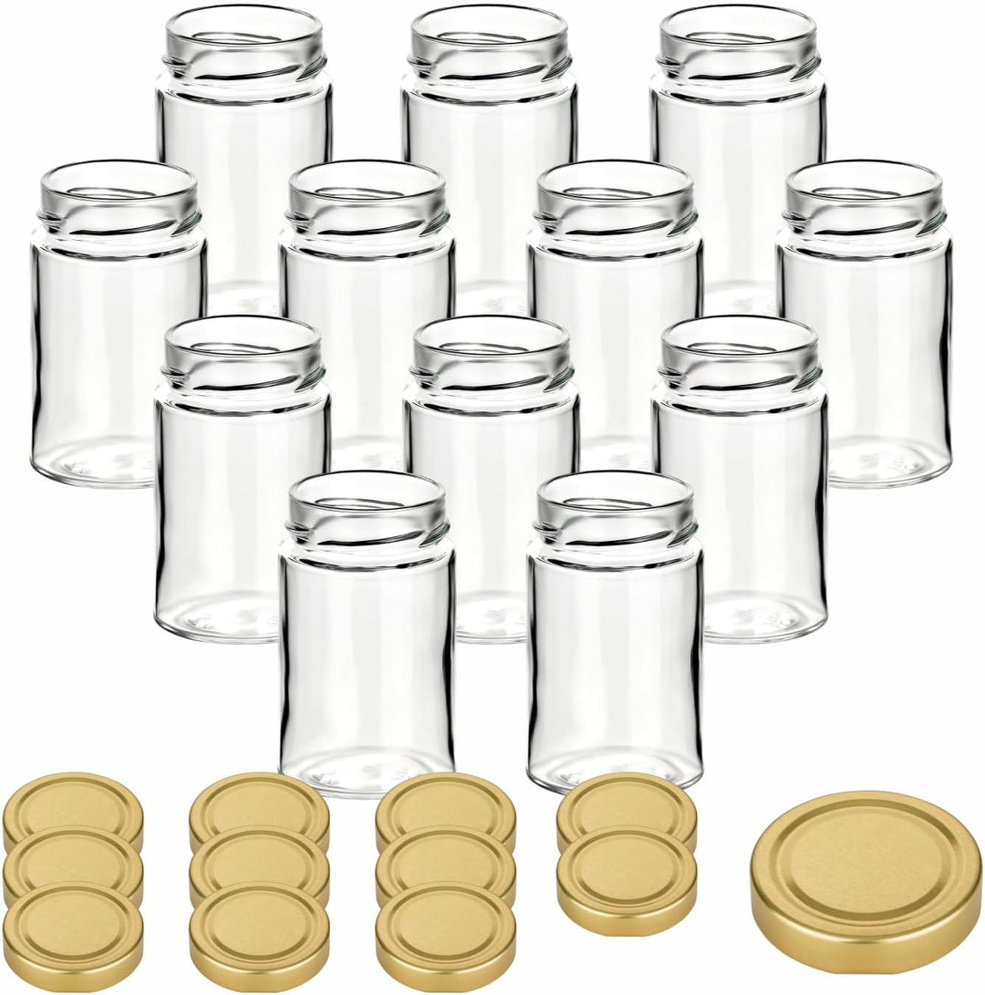 gouveo 12er Set Einmachgläser 212 ml Klassik mit Schraubdeckel goldfarben - Kleine Vorratsgläser mit