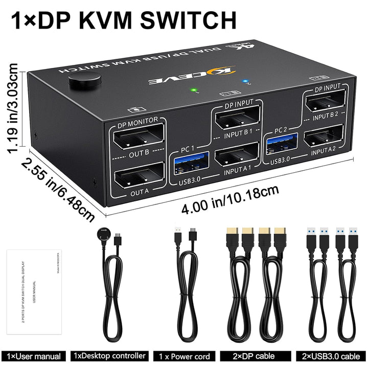 8K DisplayPort KVM Switch 2 PC 2 Monitore 8K@30Hz 4K@144Hz, Dual Monitor KVM Switch mit DisplayPort