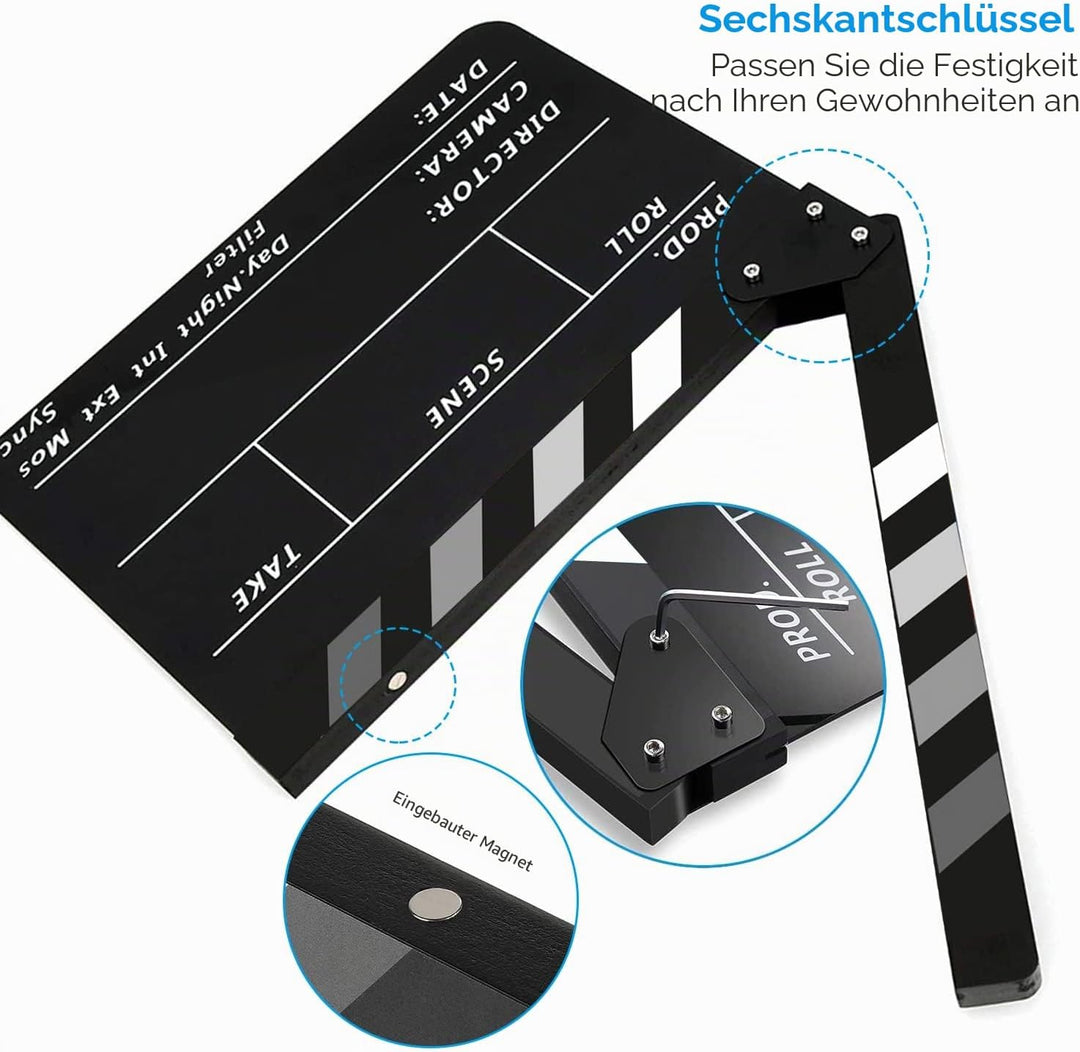 Filmklappe, Szene Acryl Filmklappe,Film Requisiten Schwarz, Mit Kostenloses Kit, Regieklappe Farbstr