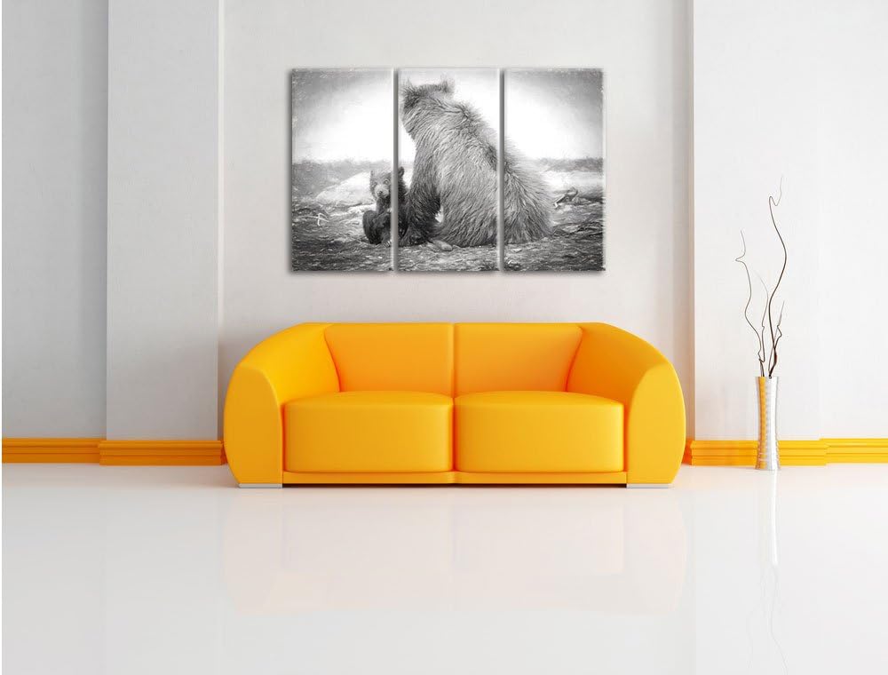 Pixxprint Bär mit Baby nach dem Baden Kunst Kohle Effekt 3-Teiler Leinwandbild 120x80 Bild auf Leinw