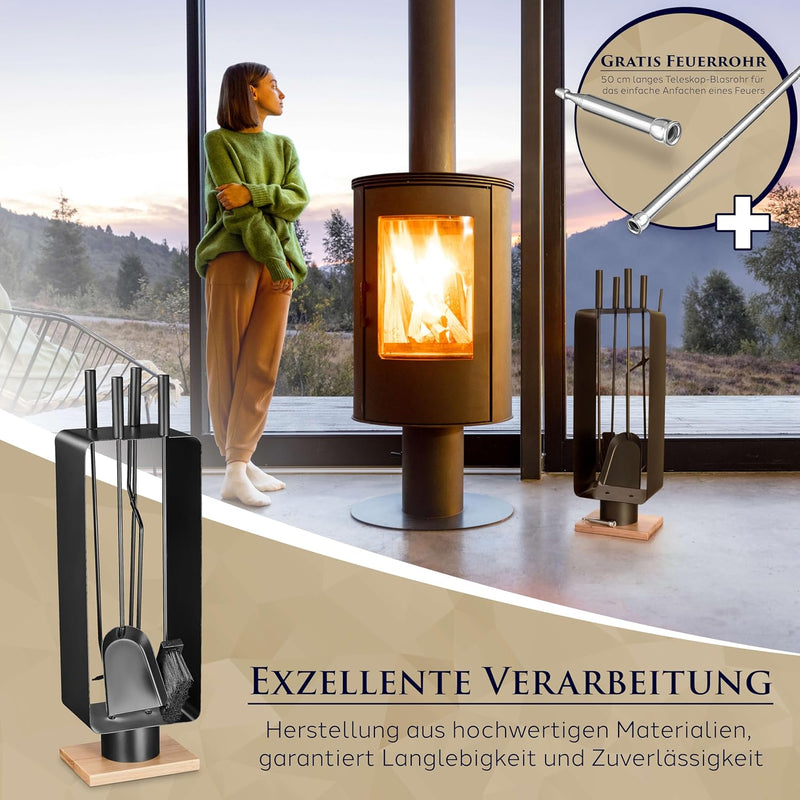 Kaminbesteck modern - Kamingarnitur schwarz mit Besen, Schaufel und Schürhaken - hochwertiger Ofenbe