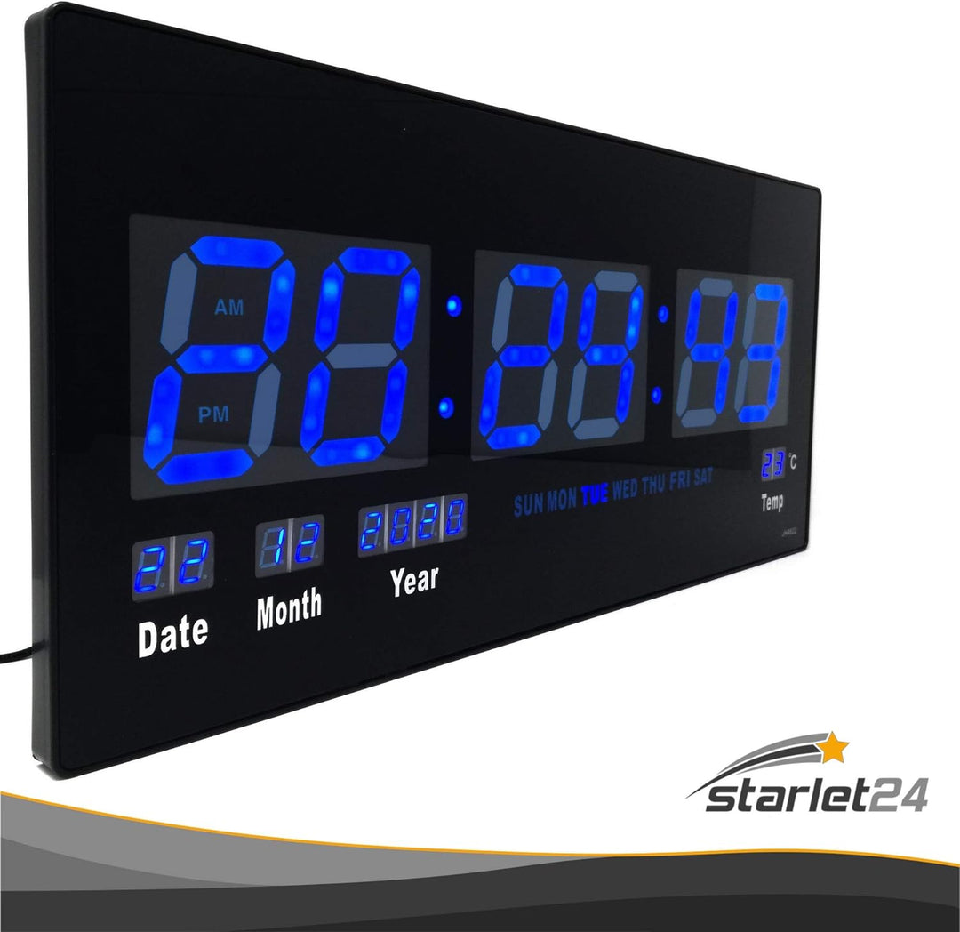 Starlet24 LED Wanduhr mit Datums- und Temperaturanzeige grosse LED-Anzeige 45x22cm (JH4622) Blau, 45