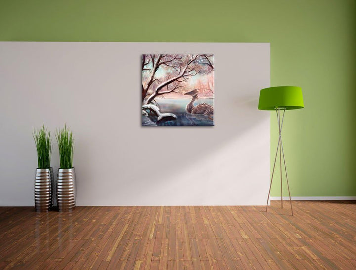 Pixxprint Drache im schneebedeckten Wald, Format: 70x70 auf Leinwand, 70x70