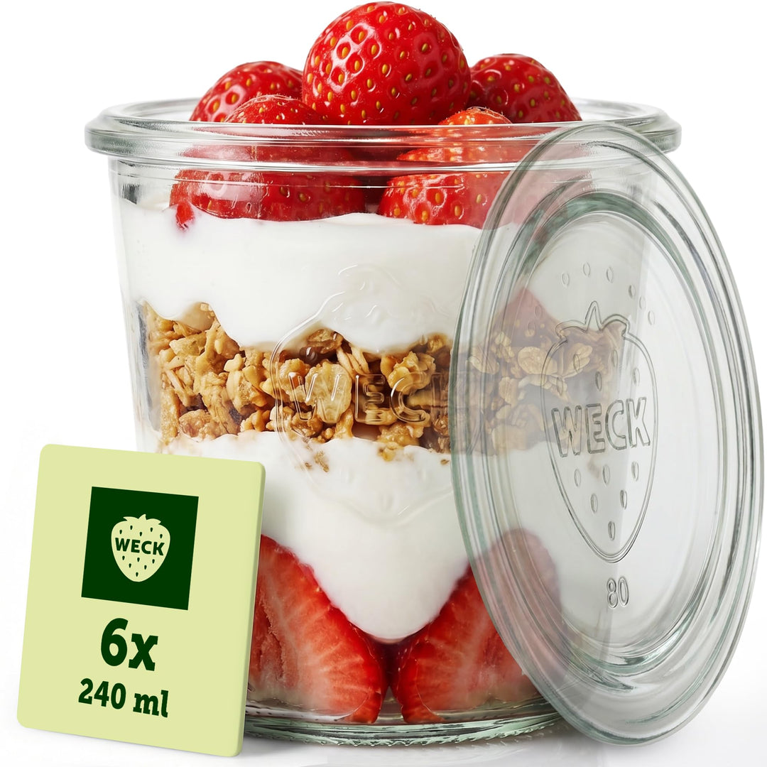 Weck Gläser 240ml – 6er Set mit Deckeln – Sturzform – robuste, stapelbare Dessertgläser, Einkoch- &
