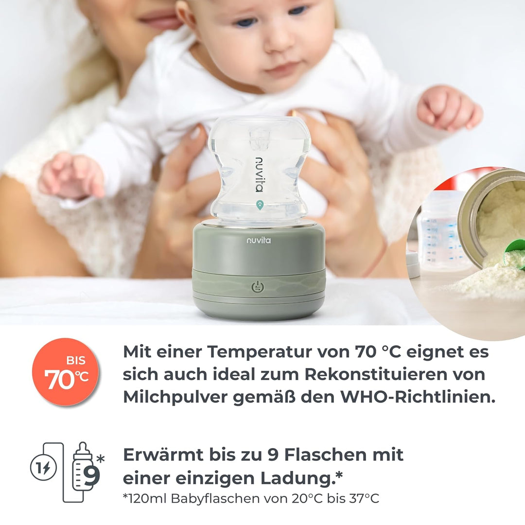Nuvita 1166 Warm70 Kabelloser Flaschenwärmer 70°C – USB-Aufladbar, Universell Kompatibel mit 6 Adapt