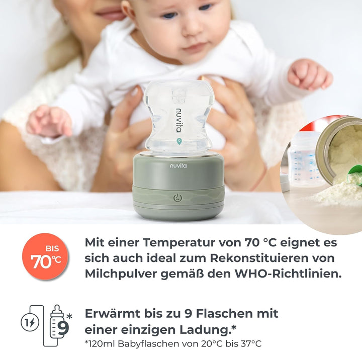 Nuvita 1166 Warm70 Kabelloser Flaschenwärmer 70°C – USB-Aufladbar, Universell Kompatibel mit 6 Adapt