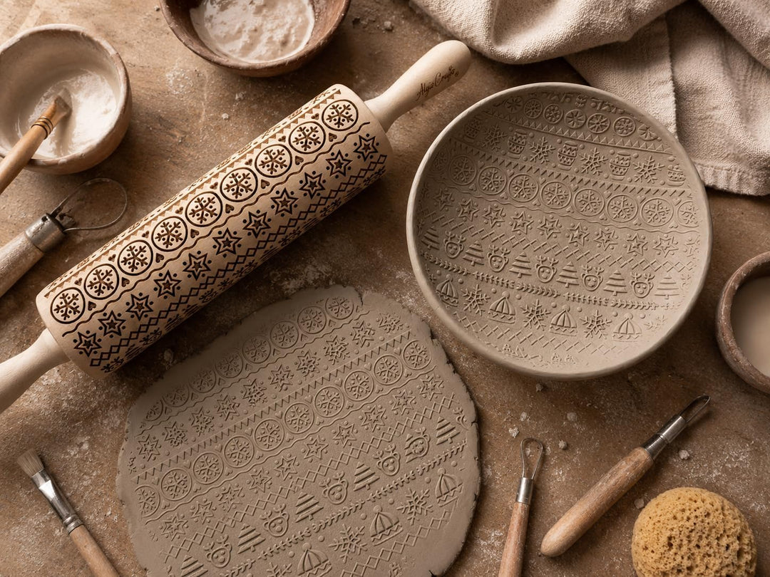 WINTER Nudelholz mit Muster Weihnachten Backen - Teigroller Holz für DIY Weihnachten Plätzchen und K
