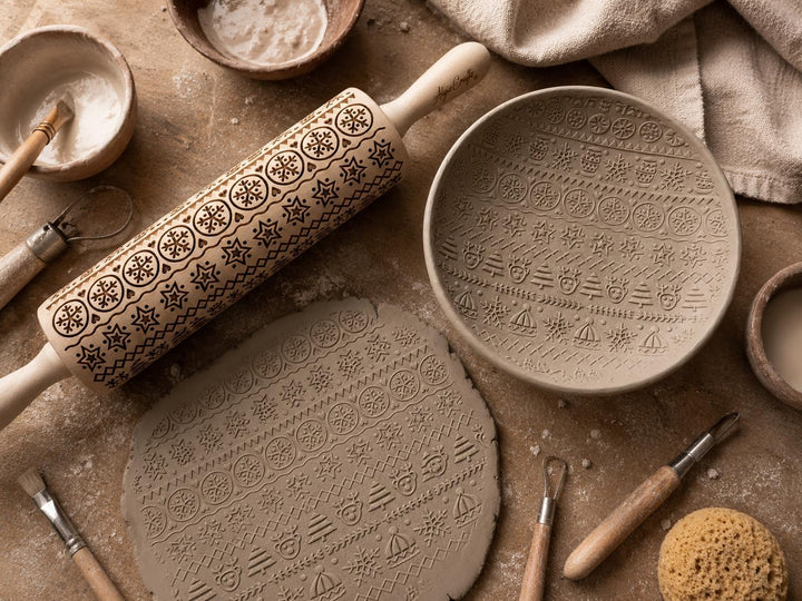 WINTER Nudelholz mit Muster Weihnachten Backen - Teigroller Holz für DIY Weihnachten Plätzchen und K