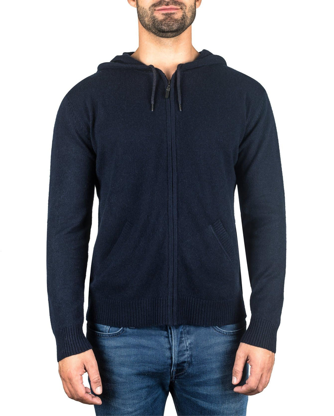 CASH-MERE.CH 100% Kaschmir Herren Kapuzenpullover | Hoodie mit Reissverschluss L Marine, L Marine