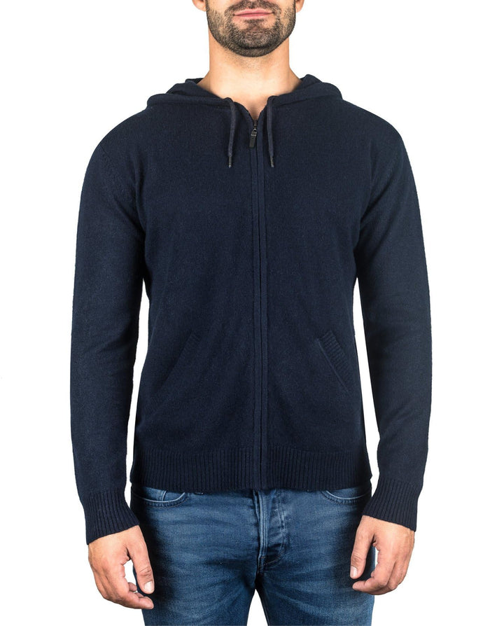 CASH-MERE.CH 100% Kaschmir Herren Kapuzenpullover | Hoodie mit Reissverschluss L Marine, L Marine