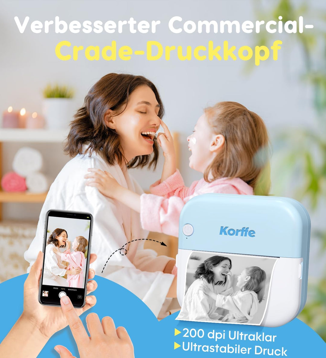 Korffe Mini Drucker für Smartphone with 7 Rollen Druckerpapier, Wireless Sticker Drucker Kompatibel