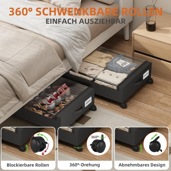 Somdot 4 Stück Schwarz 48L Unterbett Aufbewahrungsbox mit Deckel, Unterbettkommode mit Rollen, Aufbe