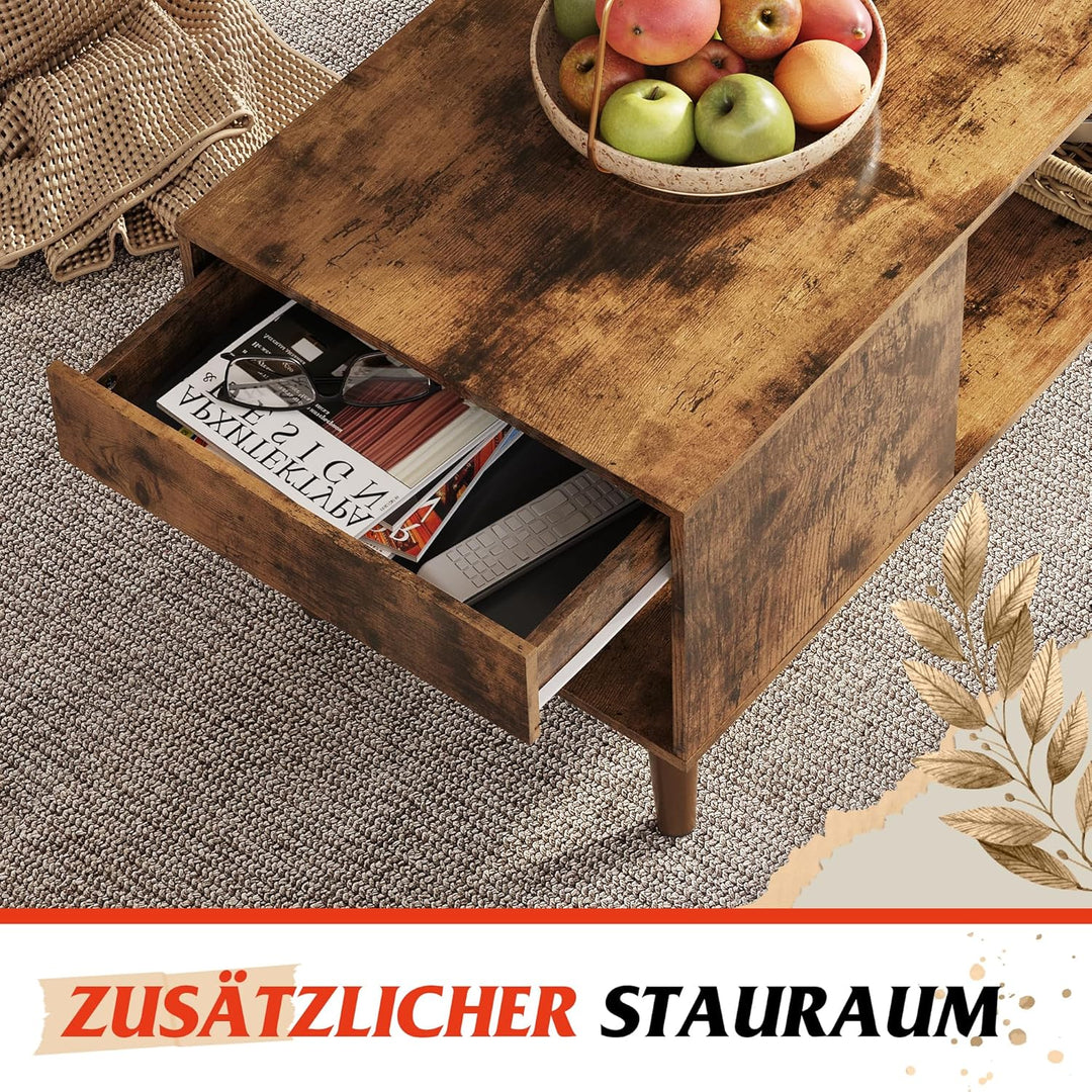 WLIVE Couchtisch Holz, Wohnzimmertisch mit Schubladen und Aufbewahrung,Wohnzimmer Tisch für Couch, S