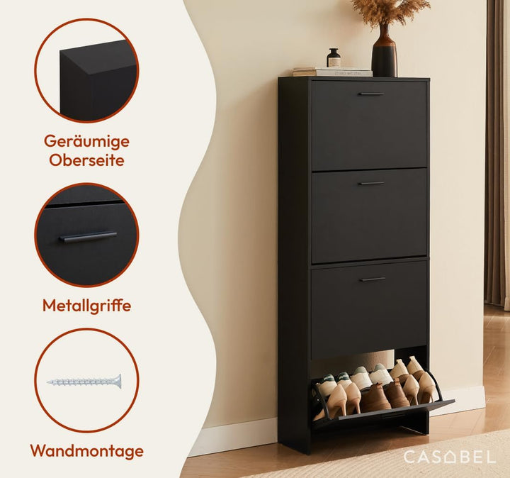 CASABEL Schuhschrank Schmal für 24Paar Schuhe, Moderner Schuhschrank Holz mit 4Klappen, Platzsparend
