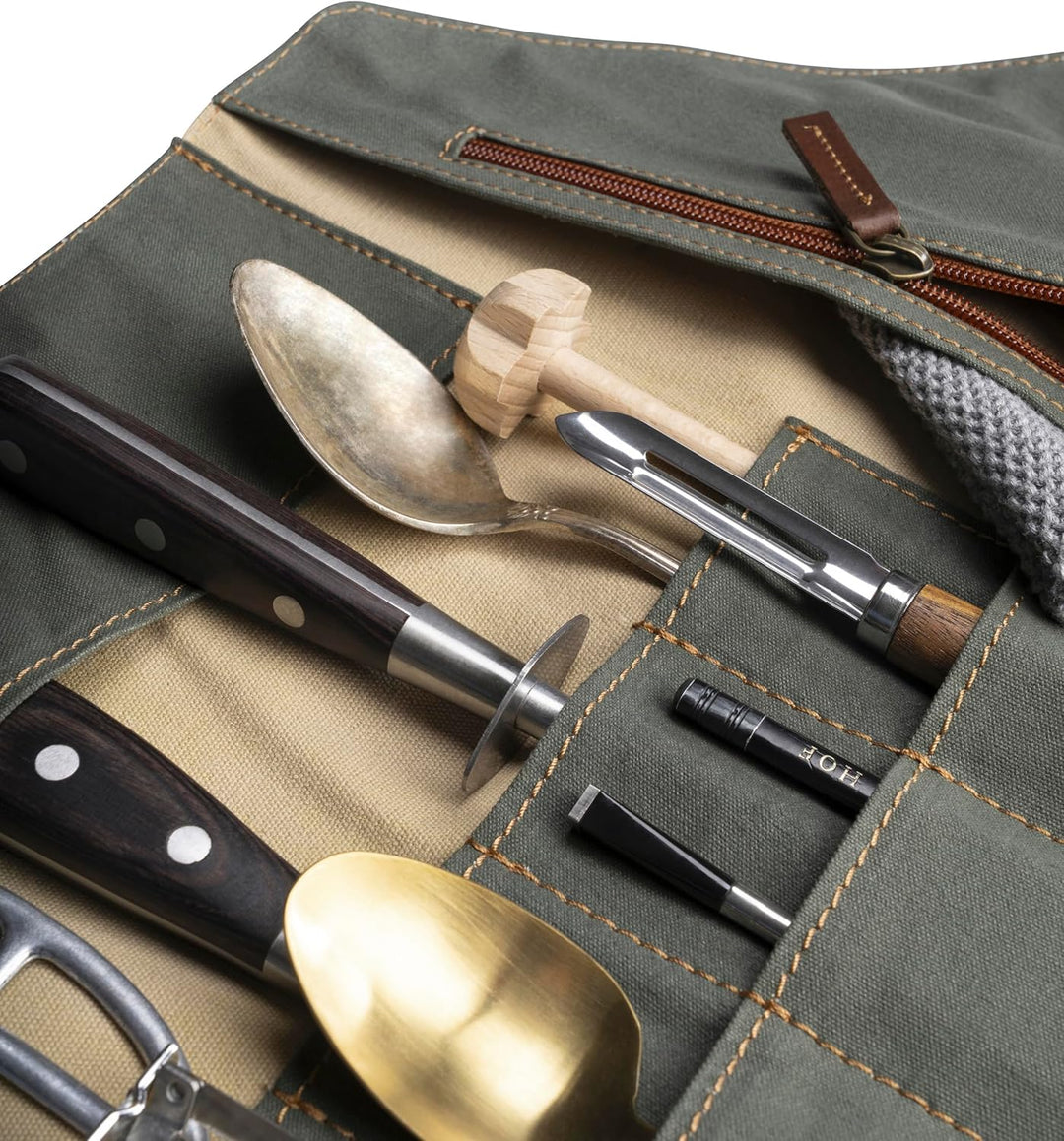 Angus Stoke Messertasche für Kochmesser aus Büffelleder | 14-Fächer Leder-Messerrolle für Köche – Me