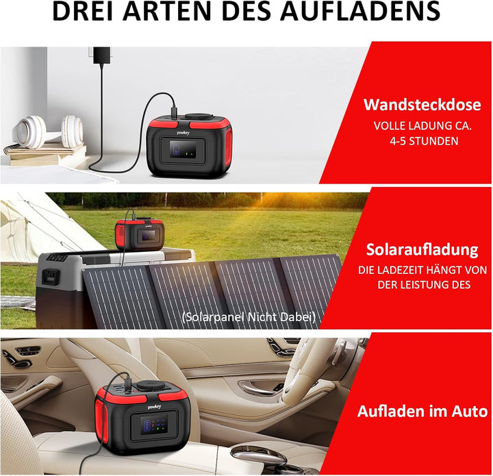 Powkey Tragbare Powerstation 26400mAh/97.68Wh, Powerbank mit Steckdose 120W 230V AC Ausgang 12V 6A D