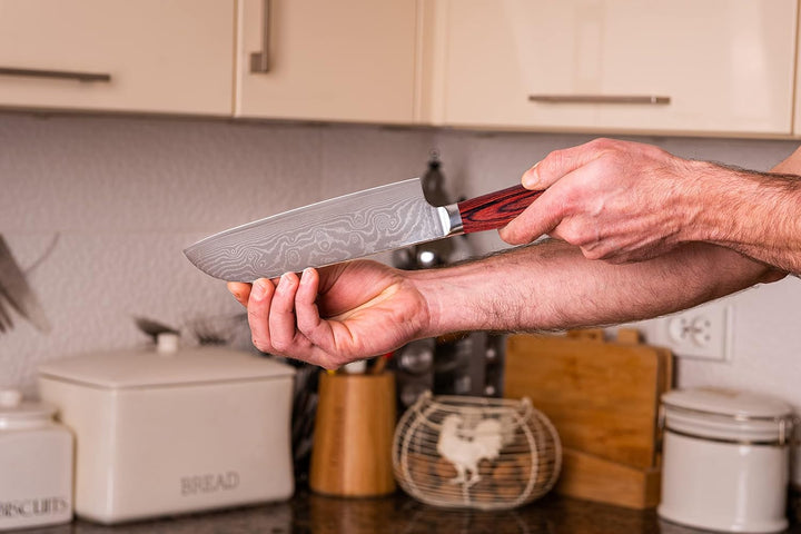 Bacher Santoku Damastmesser 18 cm - Damast Küchenmesser Geschmiedet aus 67 Legen AUS 10V - Profi Sch