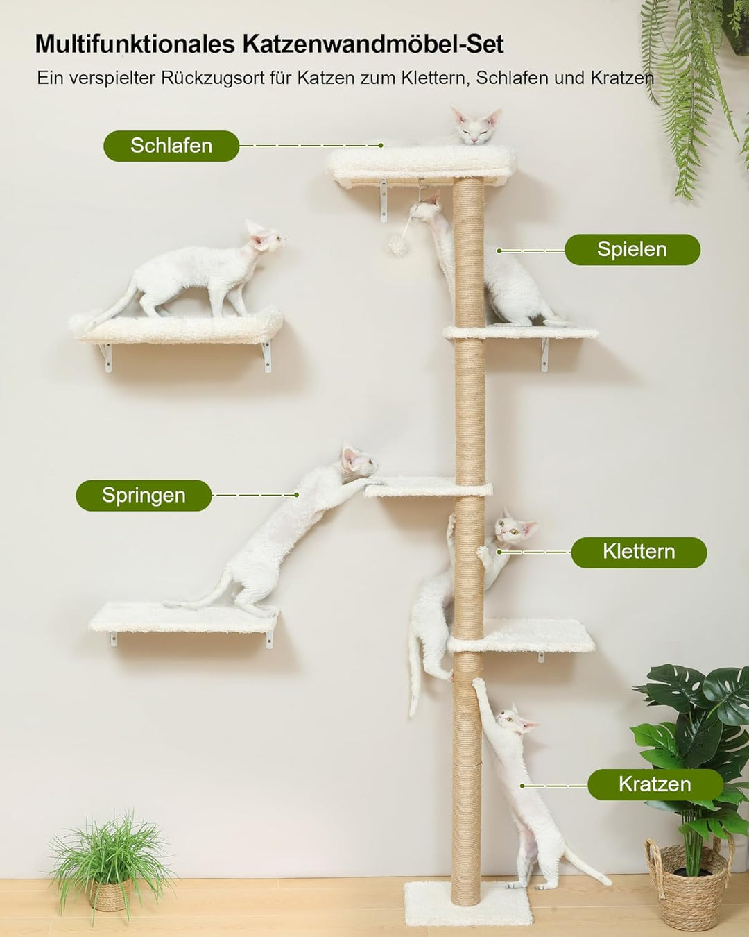 FUKUMARU Kletterwand Katzen-Set, 178 cm hoch, stabiles 3-in-1 Kratzbaum-Set aus mehrschichtigem Mass