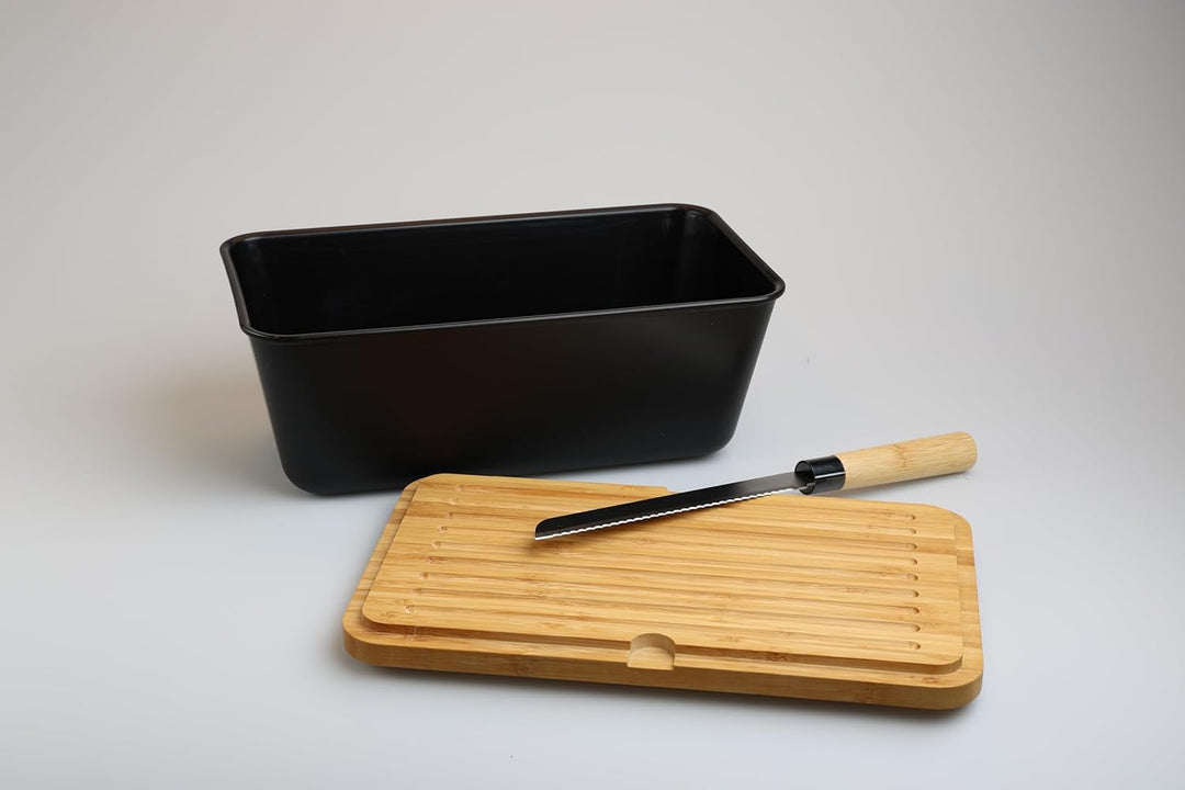 MOON HOME Brotkasten mit Messer - Airlock Black, aus FSC®-zertifizierter Bambus/Holz, PP-Kunststoff,