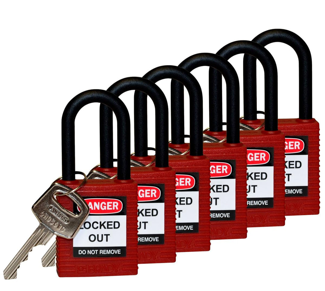 Sicherheitsvorhängeschloss Mit Nylonschäkel, 38mm x 86,50mm x 19,50mm, Rot, 6er-Pack 38mm x 86.50mm