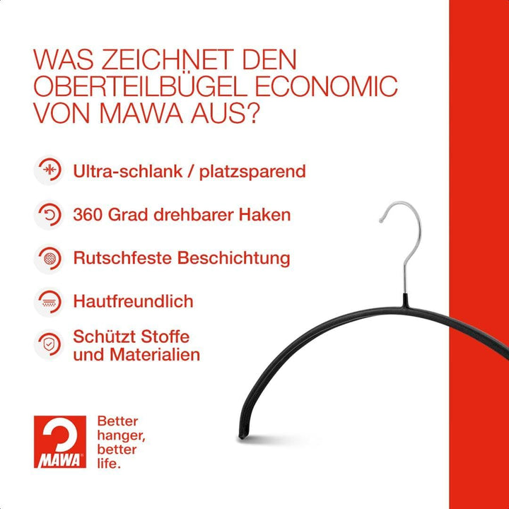 MAWA Kleiderbügel, Set mit 10 hochwertigen, platzsparenden, rutschfesten Kleiderbügeln, ideal für T-