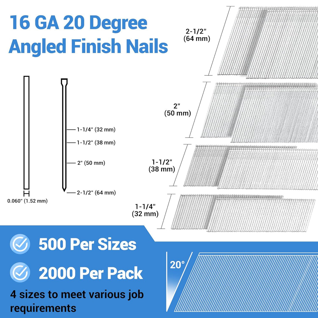 meite 16 Gauge abgewinkelte Nägel, 20 Grad, 2000 Stück (5,1 cm, 5,1 cm, 3,8 cm, 3,8 cm, 500 pro Grös