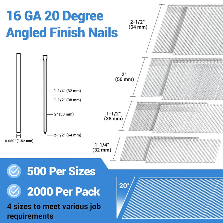 meite 16 Gauge abgewinkelte Nägel, 20 Grad, 2000 Stück (5,1 cm, 5,1 cm, 3,8 cm, 3,8 cm, 500 pro Grös