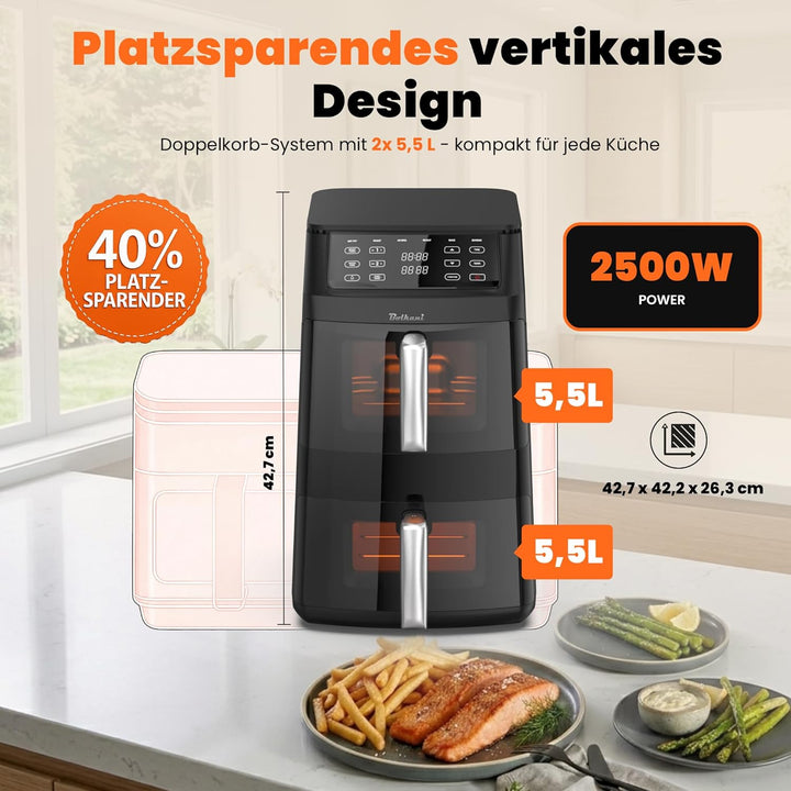 Heissluftfritteuse Doppelkammer XXL 11L | Double Stack Air Fryer 2 Kammern übereinander | 2500W Dual