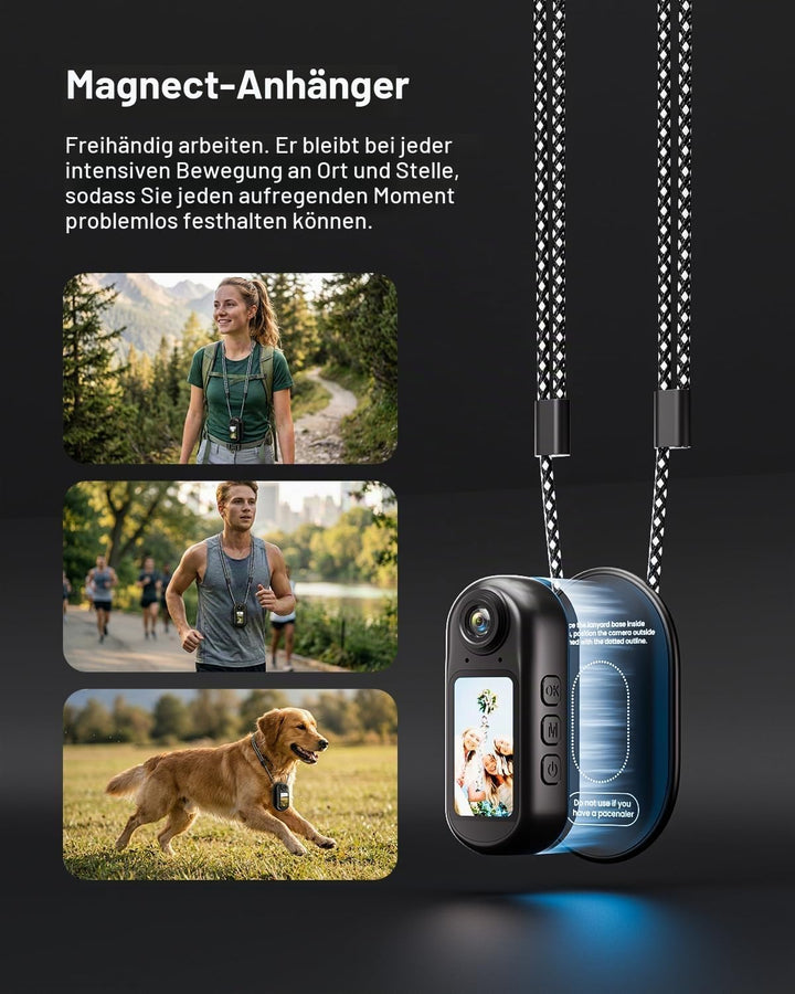Mini Action Kamera 4K WiFi -128GB tragbare Körperkamera, magnetisches Umhängeband, Daumengrösse, fre