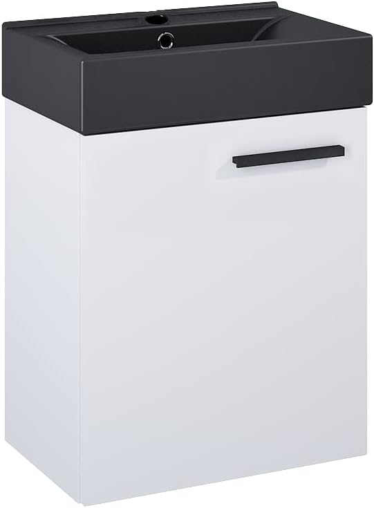 VBChome Badmöbel Set 45 cm Schwarz Waschbecken mit Hängeschrank Weiss mit Armantur Schwarz Waschtisc