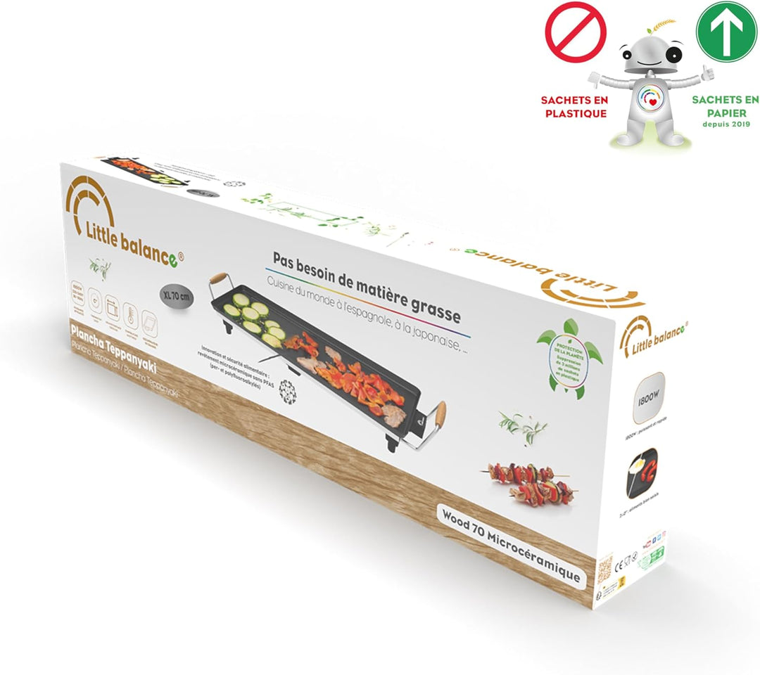 LITTLE BALANCE 8741 Wood 70 Grillplatte mit Holzgriffen, 1800 W, 70 cm 70 x 23 cm Schwarz, 70 x 23 c