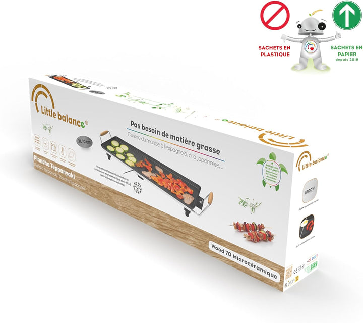 LITTLE BALANCE 8741 Wood 70 Grillplatte mit Holzgriffen, 1800 W, 70 cm 70 x 23 cm Schwarz, 70 x 23 c