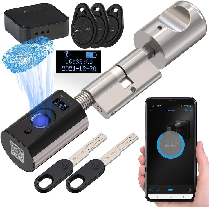 VisorTech Türschloss, Bluetooth: Elektronischer Tür-Schliesszylinder mit Fingerabdruck, Transponder