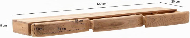 FineBuy Wandregal Akazie Massivholz 120cm mit DREI Schubladen - Design Regal für die Wand - Holz Wan