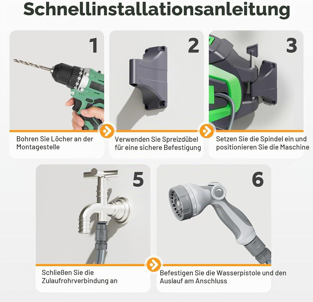 Schlauchtrommel Automatik 30m, Ausziehbarer Gartenschlauch Trommel, 180° Schwenkbar Wand-Schlauchbox