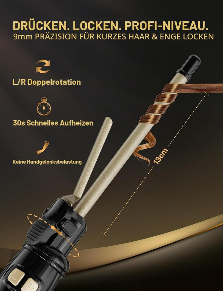 Automatischer Lockenstab mit Rotation 9mm - Profi Lockenstab Kleine Locken mit 14 Heizstufen (100-23