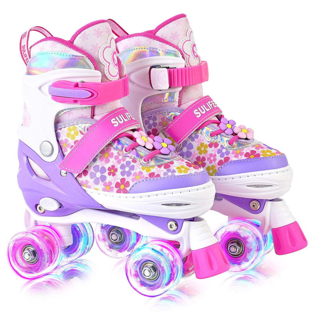 SULIFEEL Rainbow Unicorn Verstellbare Rollschuhe für Kinder mit Leuchtenden Rädern für Mädchen und J