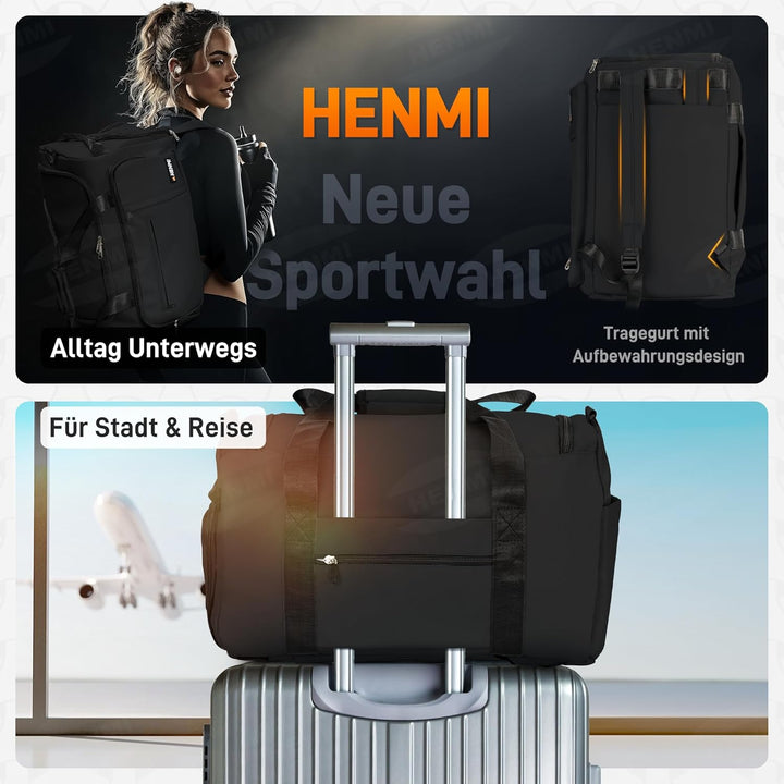 HENMI Sporttasche &amp; Reisetasche für Herren und Damen, 43L Gross gymbag mit Schuhfach und Nassfach, F