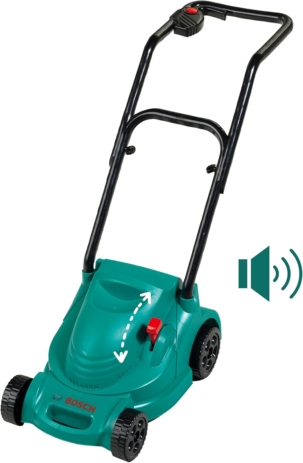 Theo Klein 2702 Bosch Rotak Rasenmäher, Mit Knattergeräusch beim Fahren, Anti-UV, Spielzeug für Kind