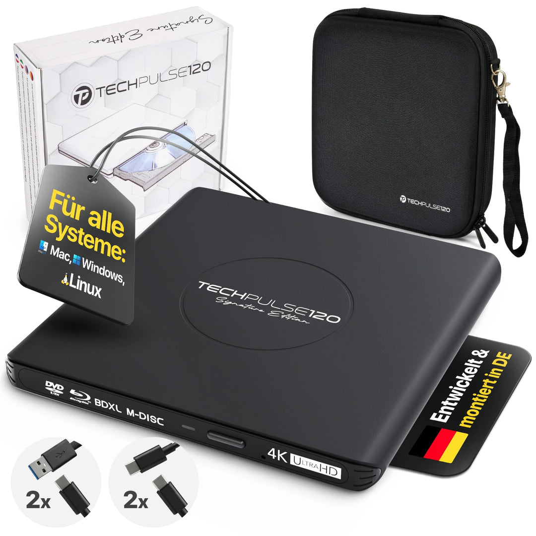 techPulse120 Externes USB 3.1 USB-C UHD 4k 3D M-DISC Blu-ray DVD CD HDR10 128GB Laufwerk Brenner Bur
