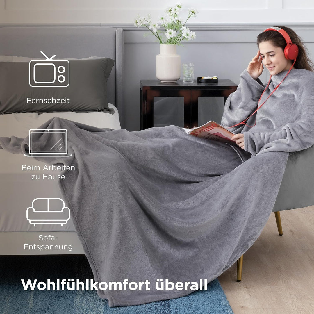 BEDSURE Decke mit Ärmeln als Geschenke für Frauen - Kuscheldecke mit Ärmeln Grau Erwachsene Ärmeldec