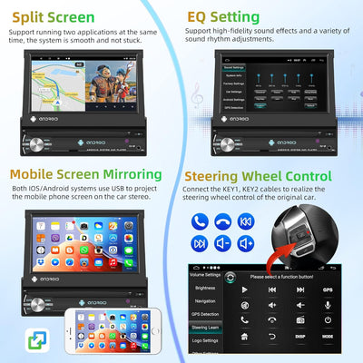 Podofo Android 12 Autoradio 1 Din mit GPS Navi und Bluetooth, 7 Zoll Flip Out Touchscreen Auto Stere