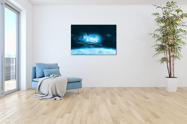 deyoli beeindruckendes Raumschiff im Universum Format: 80x60 Effekt: Monocrome Blau als Leinwand, Mo