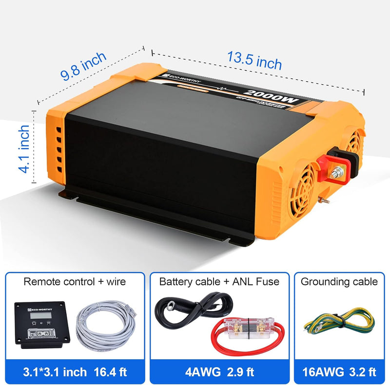 ECO-WORTHY Wechselrichter 12v auf 230v Reiner Sinus, Wechselrichter 2000w eingebautem Dual 18W USB-A