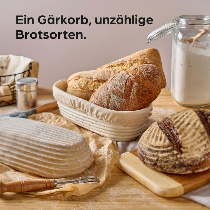 Praknu Gärkorb Oval 28cm - Set mit Bürste, Leinentuch & Brotbeutel - Brotkorb aus nachhaltigem Ratta