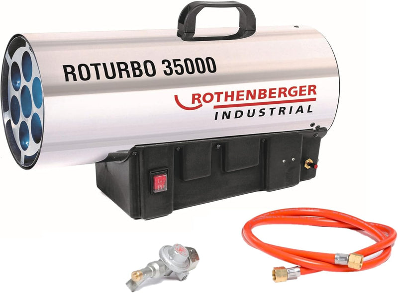 Rothenberger Industrial Gas – Heiz – Kanone/Gebläse RoTurbo 35000 inkl. Piezo-Zündung, Schlauch & Sc