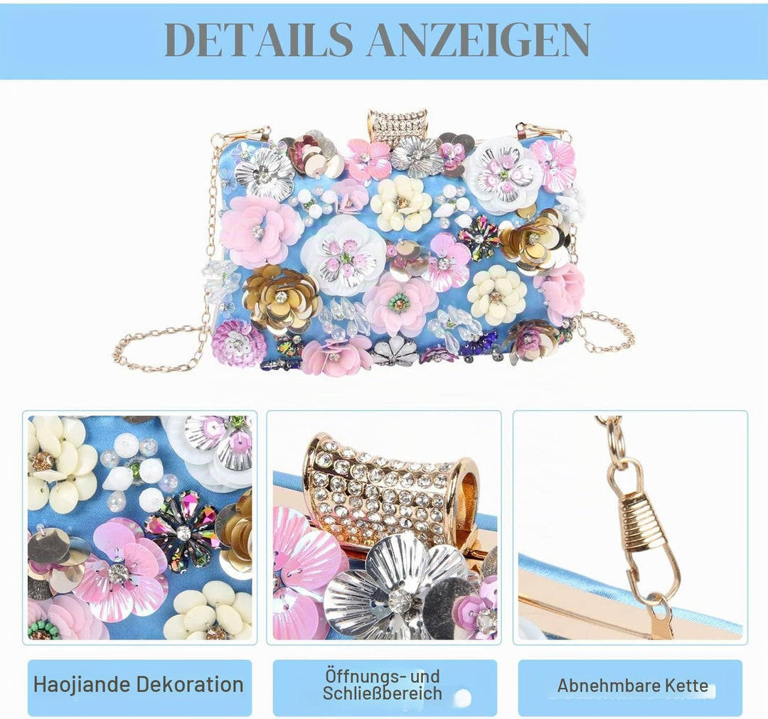 Fecialy Blumen-Clutch-Abendtaschen für Damen mit bunten Blumen-Metall-Strasssteinen Abend-Clutch-Gel