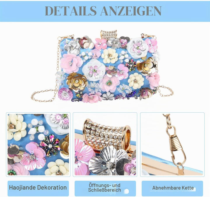 Fecialy Blumen-Clutch-Abendtaschen für Damen mit bunten Blumen-Metall-Strasssteinen Abend-Clutch-Gel