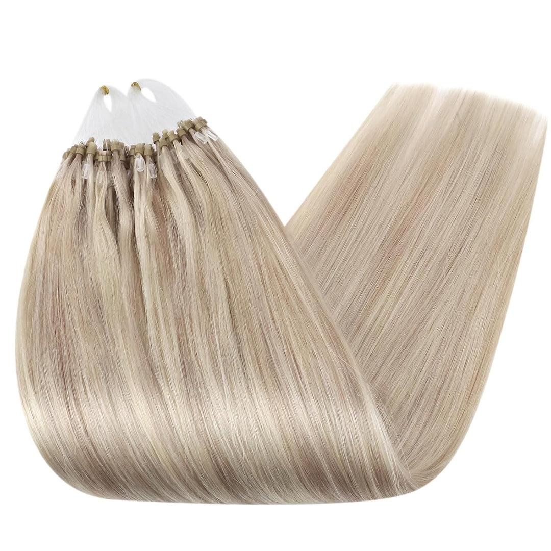 Ugeat Microring Haarverlängerung Echthaar 45cm P18/613 Aschblond mit Gebleichtes Blond Gesträhnt Mic